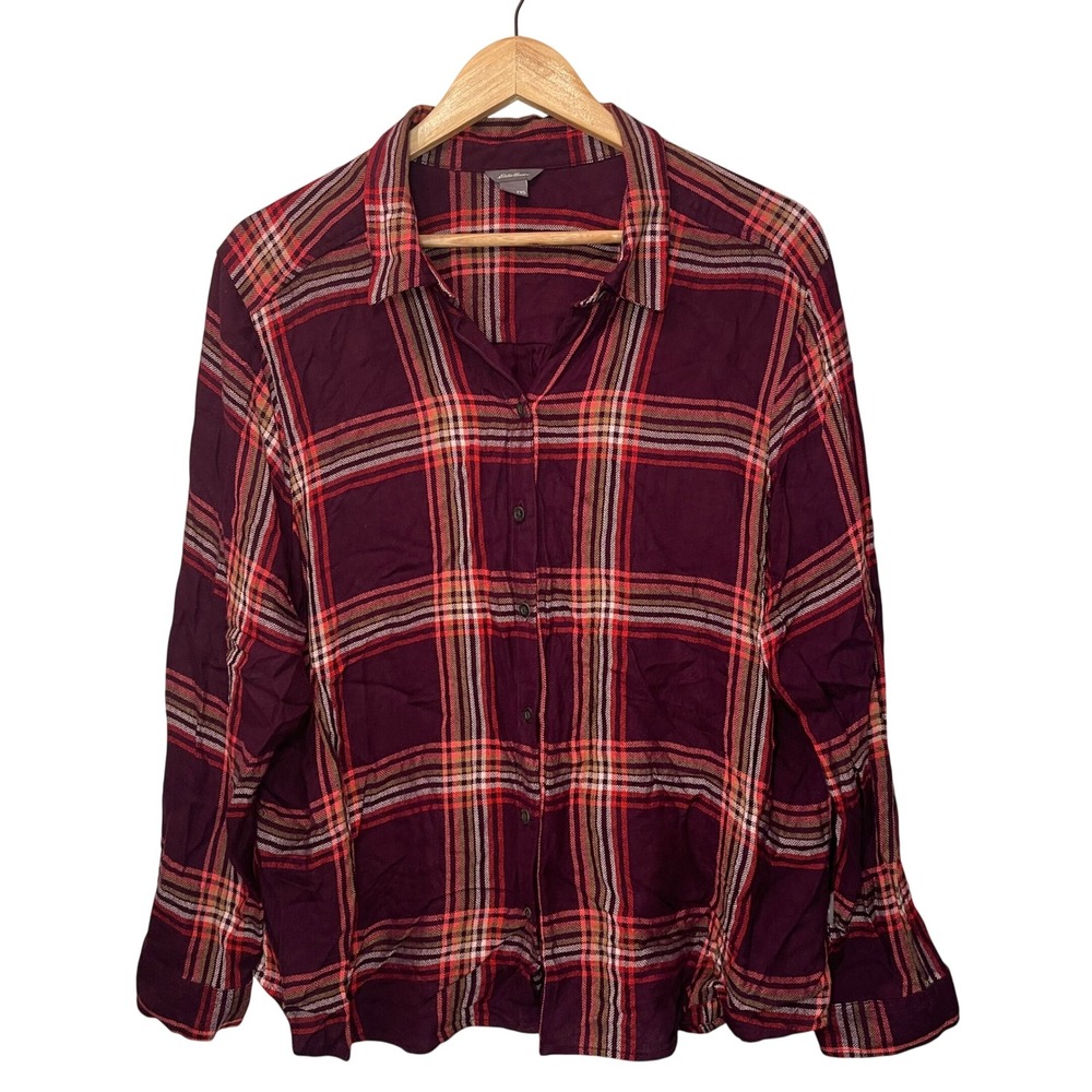 Eddie Bauer Womens Plaid Flannel Shirt Burgundy‎ Red Orange Beige 2XL Relax Sot